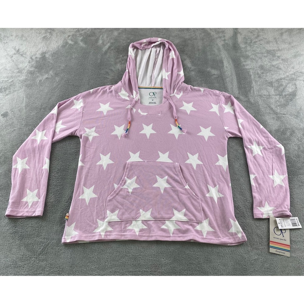 Ocean Pacific Women Medium Purple Star Print Sleepwear Hoodie Rainbow Drawstring